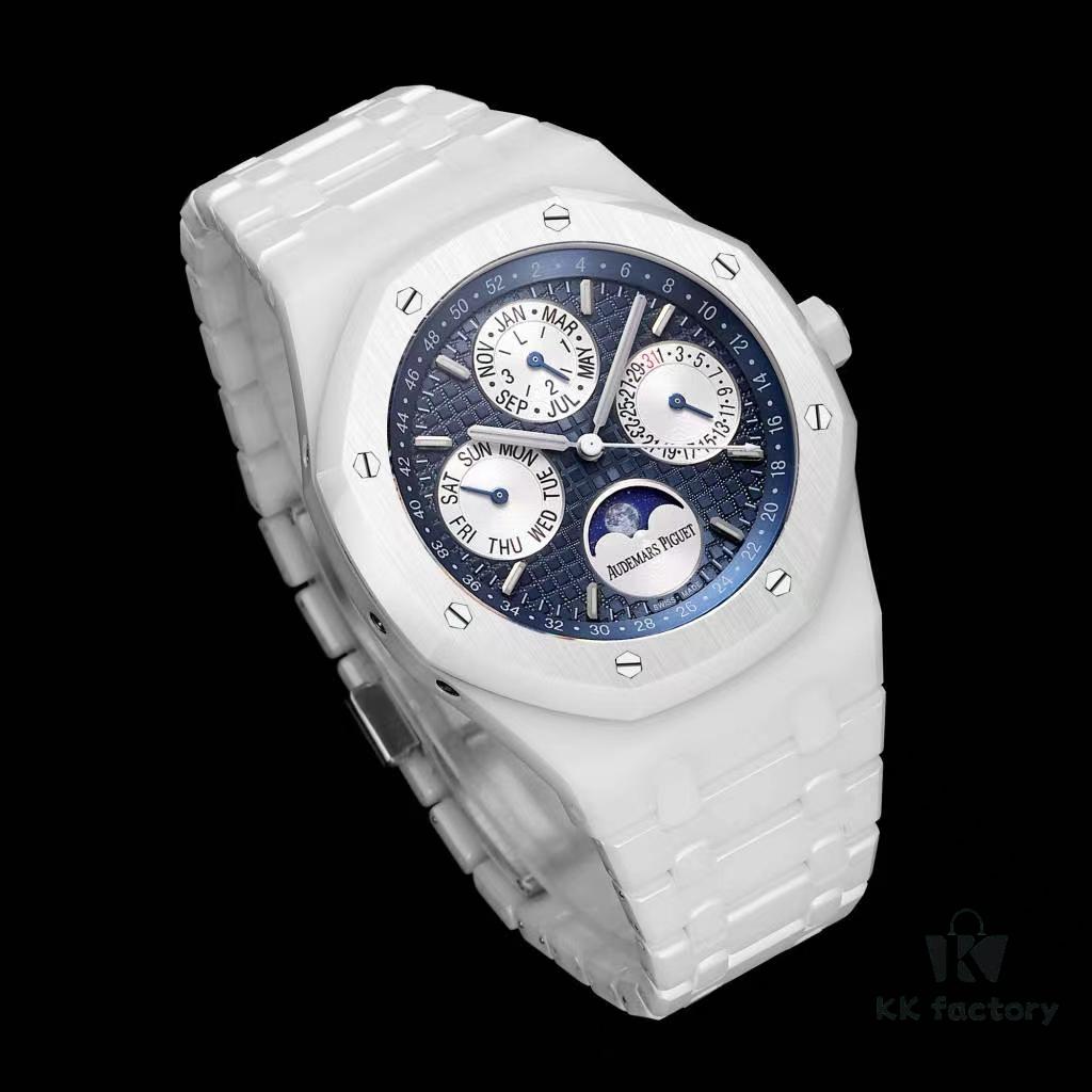 A White Ceramic Royal Oak Series with Grande Tapisserie Dial, Featuring Date, Day, Month, and Astronomically Accurate Moon Phase Display