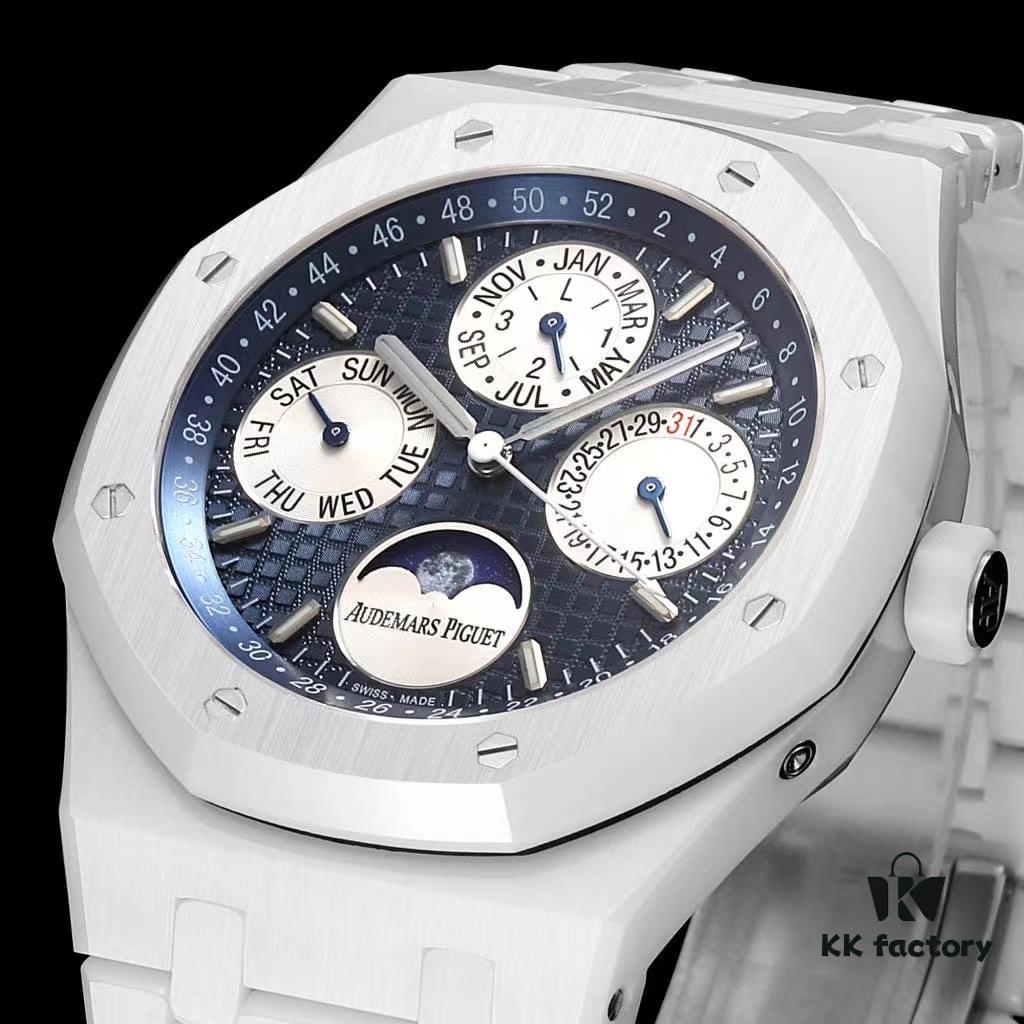 A White Ceramic Royal Oak Series with Grande Tapisserie Dial, Featuring Date, Day, Month, and Astronomically Accurate Moon Phase Display