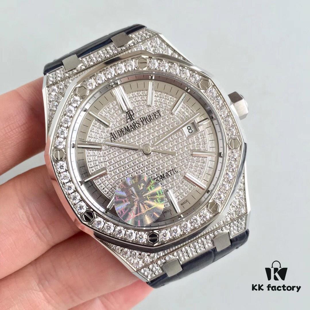 6931a8c3ccd8ab3d7af9d34f JF AP Royal Oak 15452 Full Paved Swarovski Crystal Couple Watches, Men's 41mm and Women's 37mm, Automatic Mechanical Movement Modified from Citizen 9015 Cal.3120, 316 Stainless Steel Case and Bracelet, Sapphire Crystal, Swarovski Crystals, Luminous Dial Hands, Leather Strap with Folding Clasp, 50m Water Resistance, Model MS2M-S4/5BY