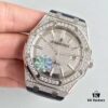 6931a8c4ccd8ab3d7af9d350 JF AP Royal Oak 15452 Full Paved Swarovski Crystal Couple Watches, Men's 41mm and Women's 37mm, Automatic Mechanical Movement Modified from Citizen 9015 Cal.3120, 316 Stainless Steel Case and Bracelet, Sapphire Crystal, Swarovski Crystals, Luminous Dial Hands, Leather Strap with Folding Clasp, 50m Water Resistance, Model MS2M-S4/5BY