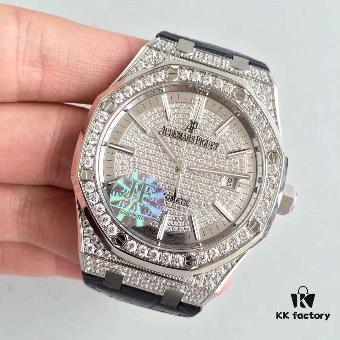6931a8c4ccd8ab3d7af9d350 JF AP Royal Oak 15452 Full Paved Swarovski Crystal Couple Watches, Men's 41mm and Women's 37mm, Automatic Mechanical Movement Modified from Citizen 9015 Cal.3120, 316 Stainless Steel Case and Bracelet, Sapphire Crystal, Swarovski Crystals, Luminous Dial Hands, Leather Strap with Folding Clasp, 50m Water Resistance, Model MS2M-S4/5BY