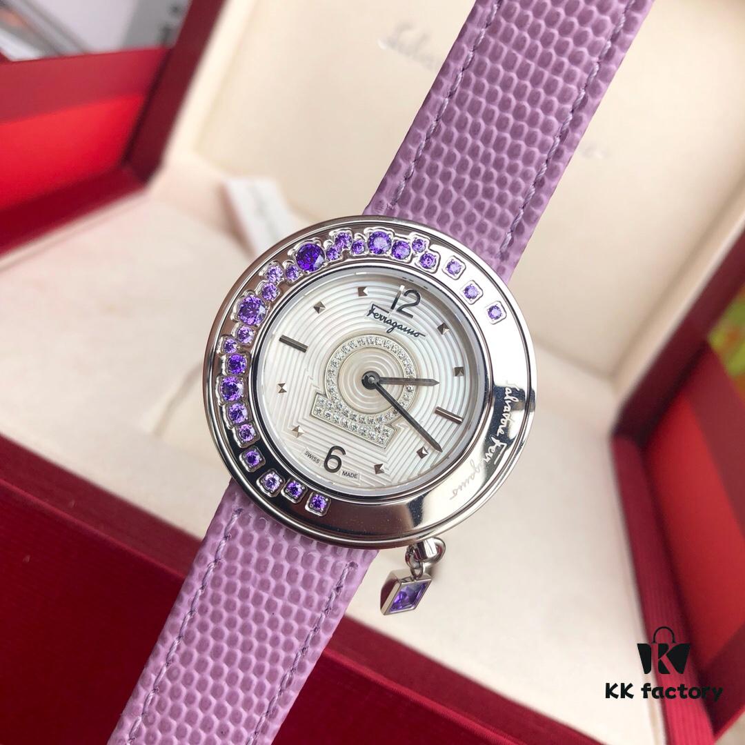 6931a8c5ccd8ab3d7af9d370 Authentic Ferragamo F64 Series, 38mm Case Diameter, Swiss Original Movement, Bezel Set with Colorful Crystals