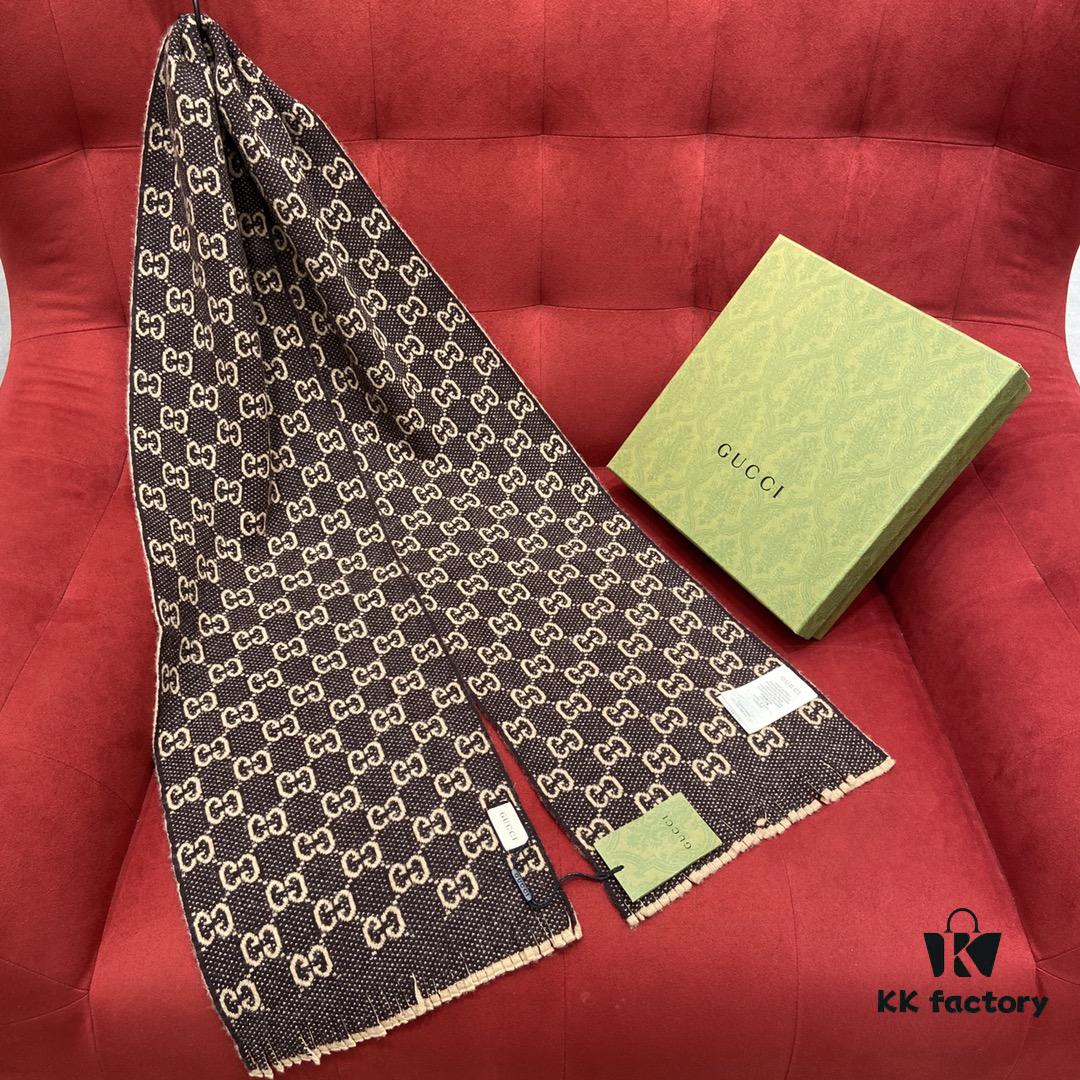 6931a8d8ccd8ab3d7af9d3e3 GUCCI Double-Sided Wool Scarf Classic Small Double G Logo, Khaki and Coffee Color Combination, Unisex Design
