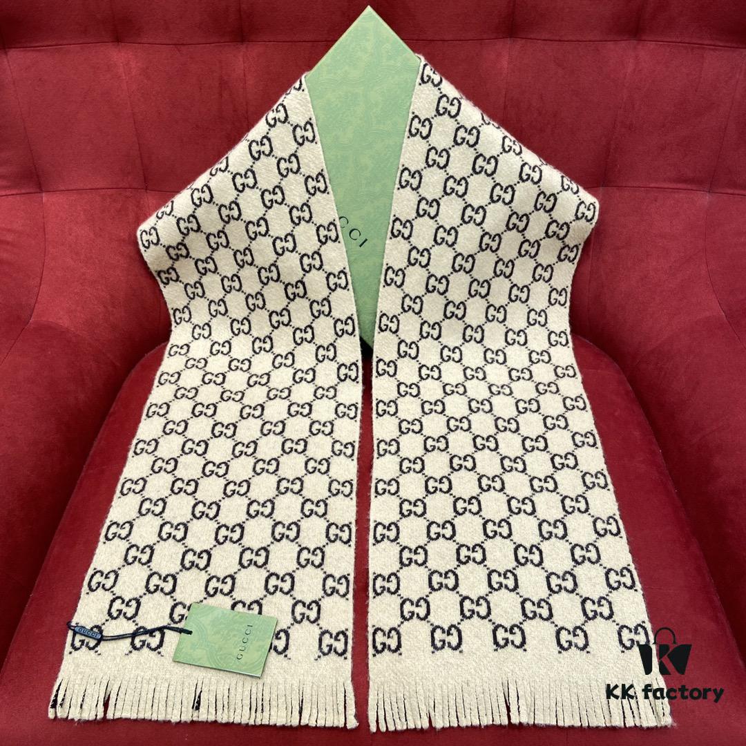 6931a8d8ccd8ab3d7af9d3e4 GUCCI Double-Sided Wool Scarf Classic Small Double G Logo, Khaki and Coffee Color Combination, Unisex Design