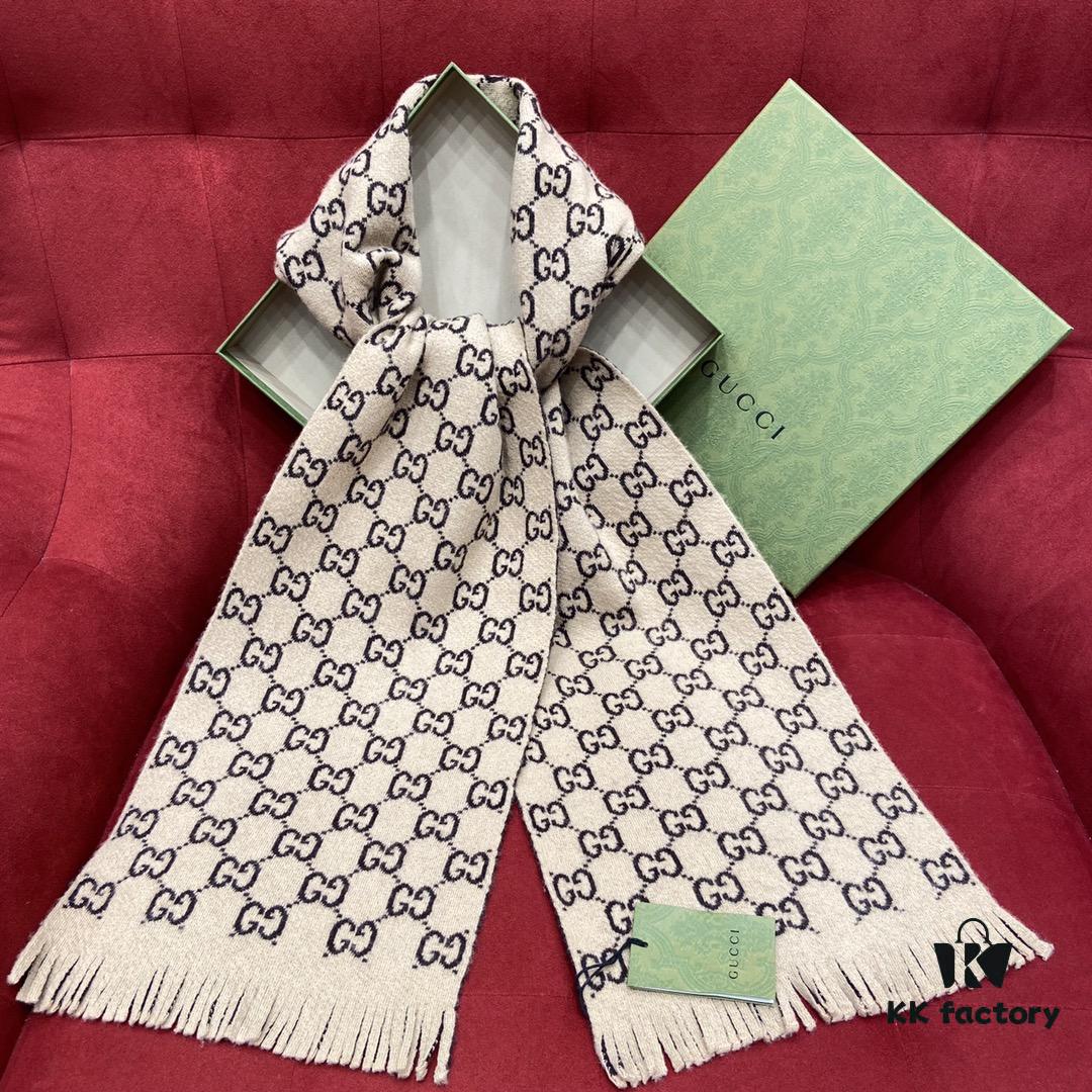 6931a8d8ccd8ab3d7af9d3e5 GUCCI Double-Sided Wool Scarf Classic Small Double G Logo, Khaki and Coffee Color Combination, Unisex Design