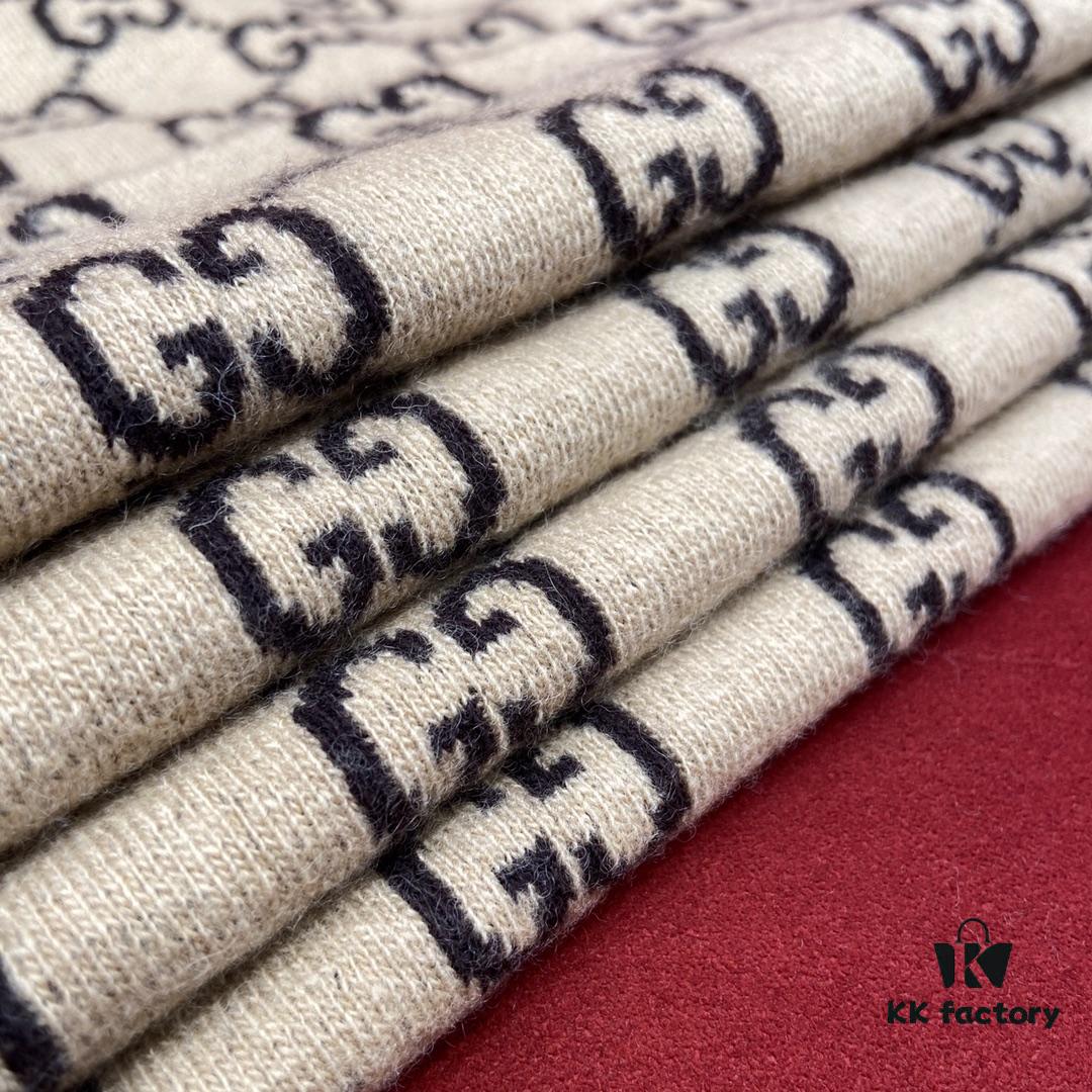 6931a8d9ccd8ab3d7af9d3e6 GUCCI Double-Sided Wool Scarf Classic Small Double G Logo, Khaki and Coffee Color Combination, Unisex Design