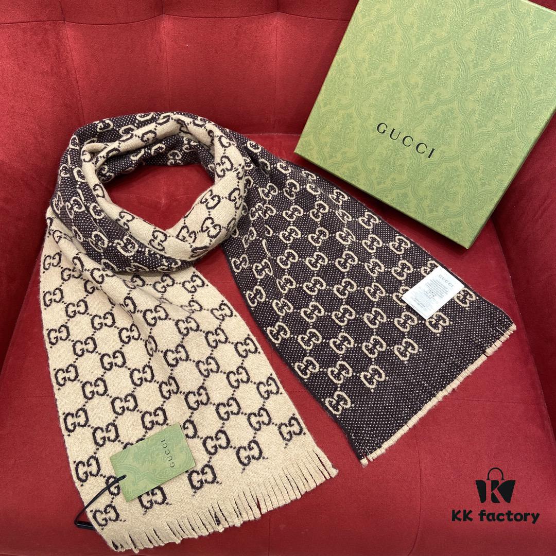 6931a8d9ccd8ab3d7af9d3ea GUCCI Double-Sided Wool Scarf Classic Small Double G Logo, Khaki and Coffee Color Combination, Unisex Design