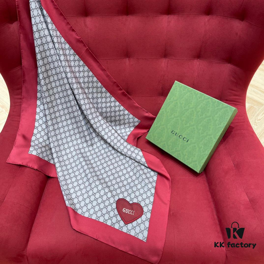6931a8deccd8ab3d7af9d445 Gucci Red Silk Scarf with Shiny Heart and Classic Monogram, Elegant and Versatile, 100% Silk, 90*90cm