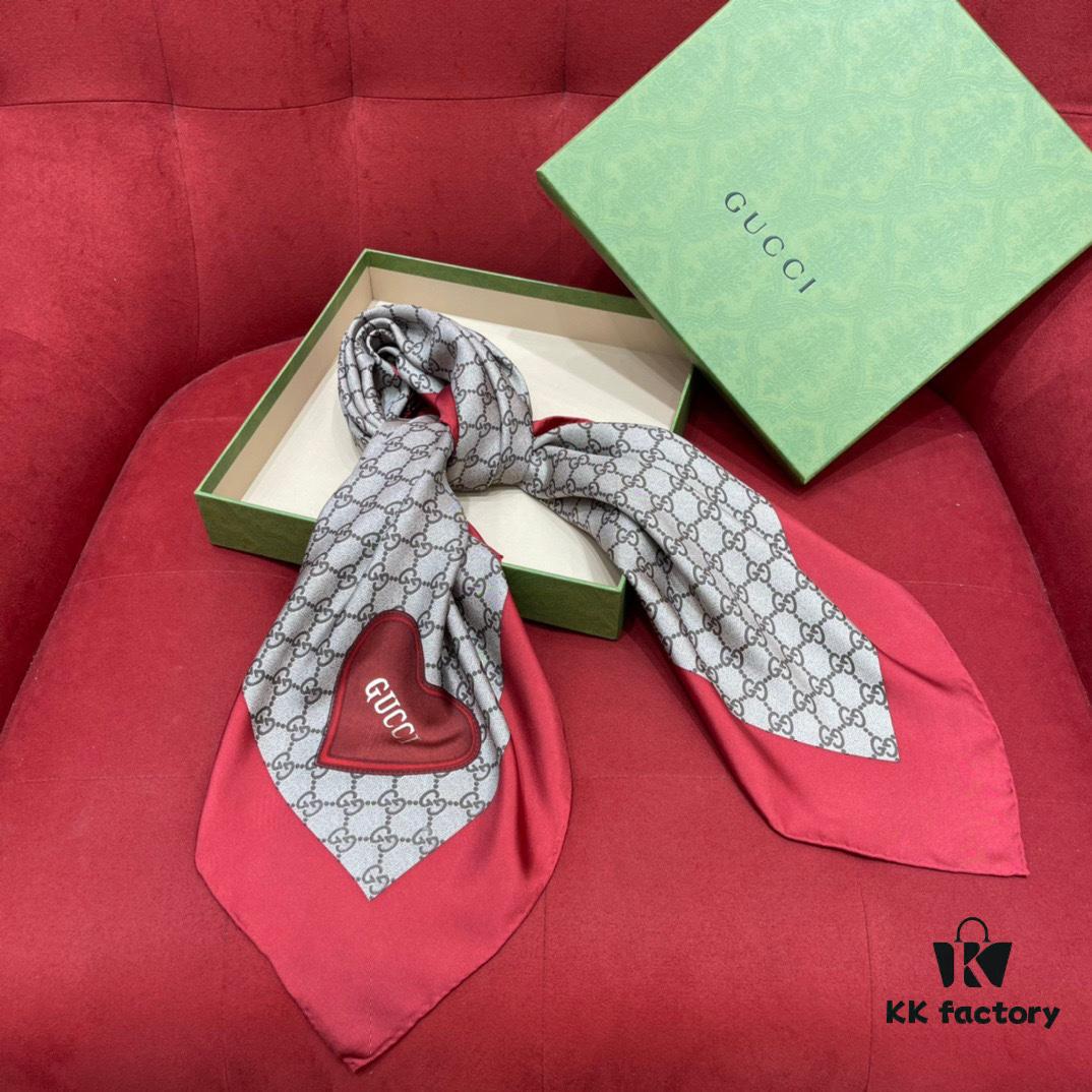 6931a8deccd8ab3d7af9d447 Gucci Red Silk Scarf with Shiny Heart and Classic Monogram, Elegant and Versatile, 100% Silk, 90*90cm