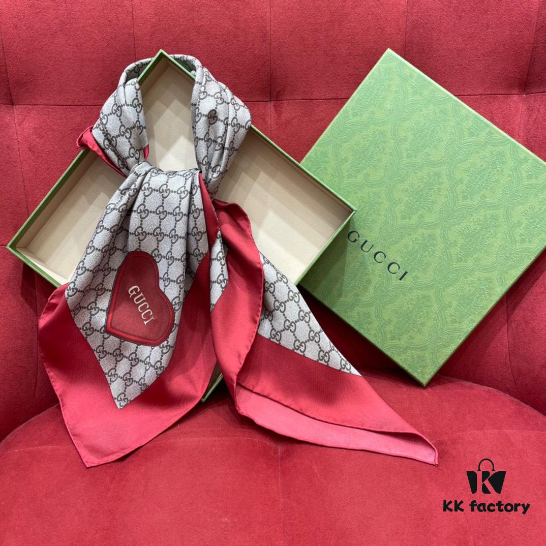 6931a8deccd8ab3d7af9d448 Gucci Red Silk Scarf with Shiny Heart and Classic Monogram, Elegant and Versatile, 100% Silk, 90*90cm