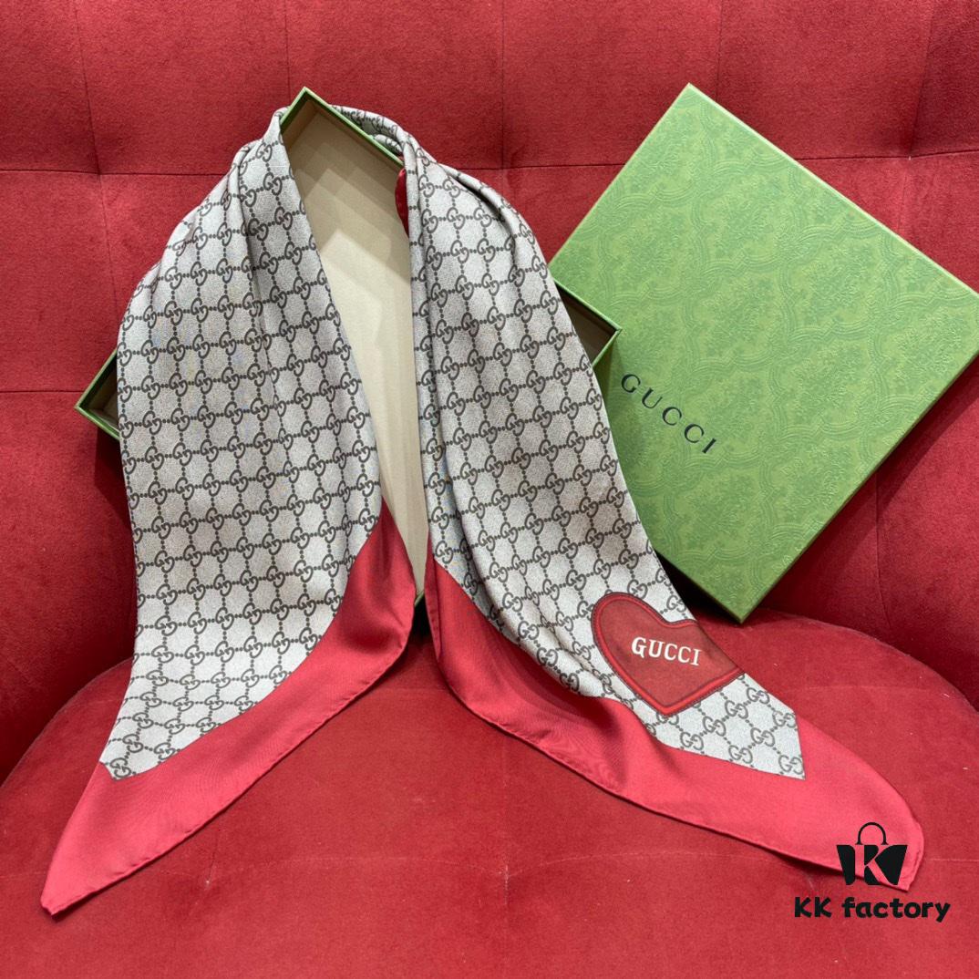 6931a8dfccd8ab3d7af9d44a Gucci Red Silk Scarf with Shiny Heart and Classic Monogram, Elegant and Versatile, 100% Silk, 90*90cm