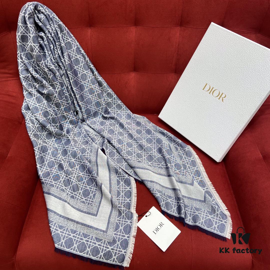 6931a8e6ccd8ab3d7af9d4c1 Dior Denim Blue Checkered Shawl - 140*140cm Multifunctional Scarf Made of Wool, Silk, and Cashmere Blend