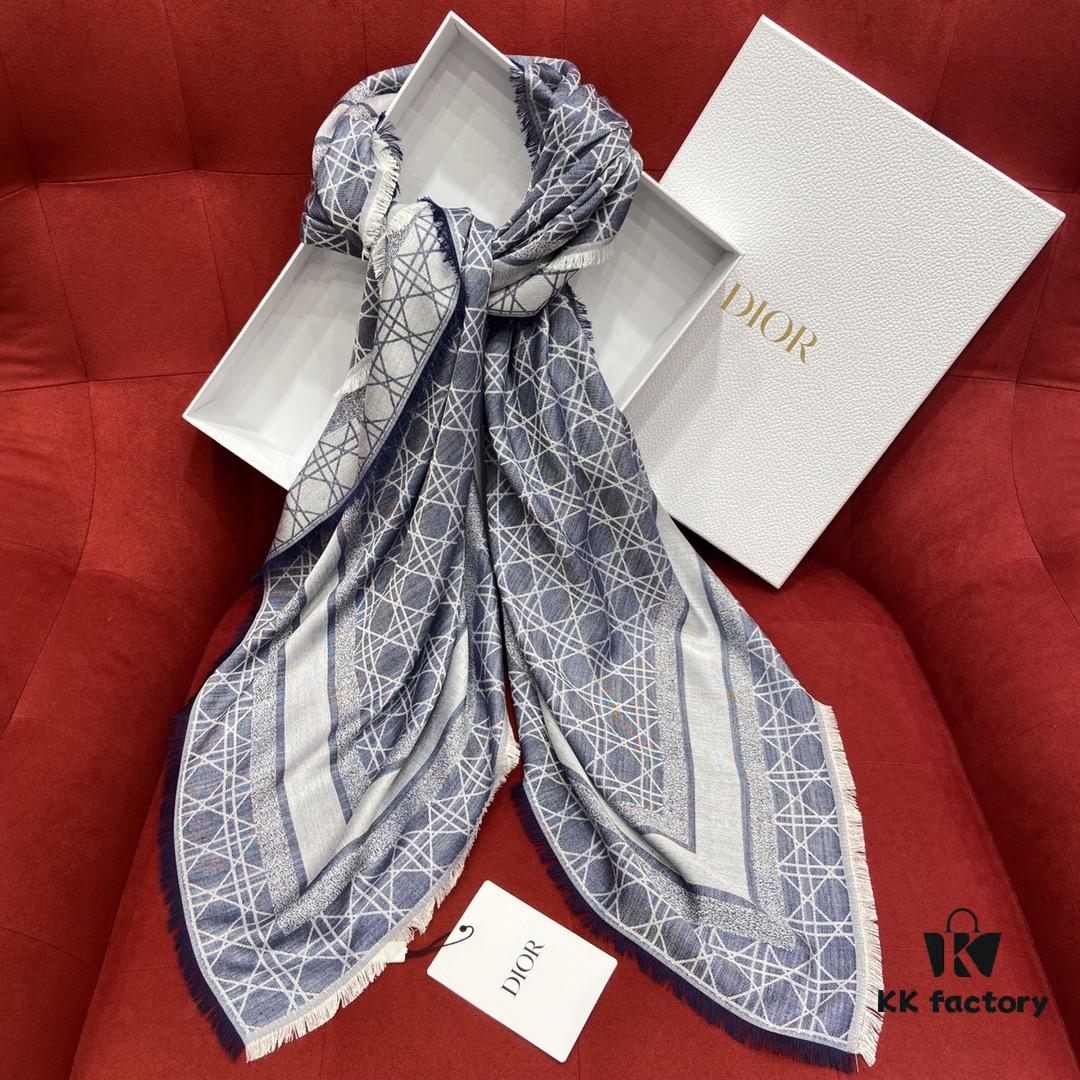 6931a8e6ccd8ab3d7af9d4c2 Dior Denim Blue Checkered Shawl - 140*140cm Multifunctional Scarf Made of Wool, Silk, and Cashmere Blend