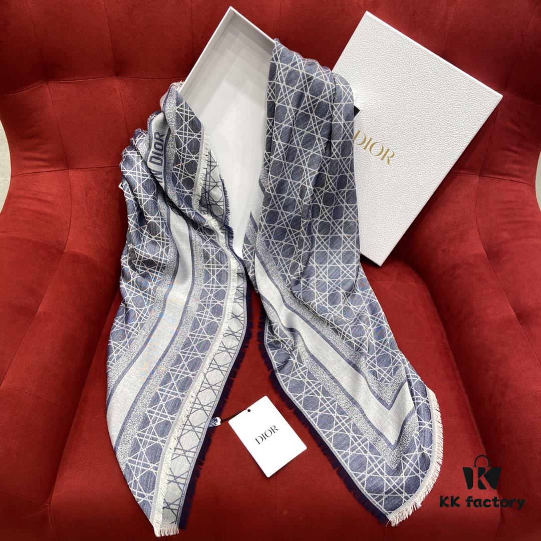 6931a8e6ccd8ab3d7af9d4c3 Dior Denim Blue Checkered Shawl - 140*140cm Multifunctional Scarf Made of Wool, Silk, and Cashmere Blend