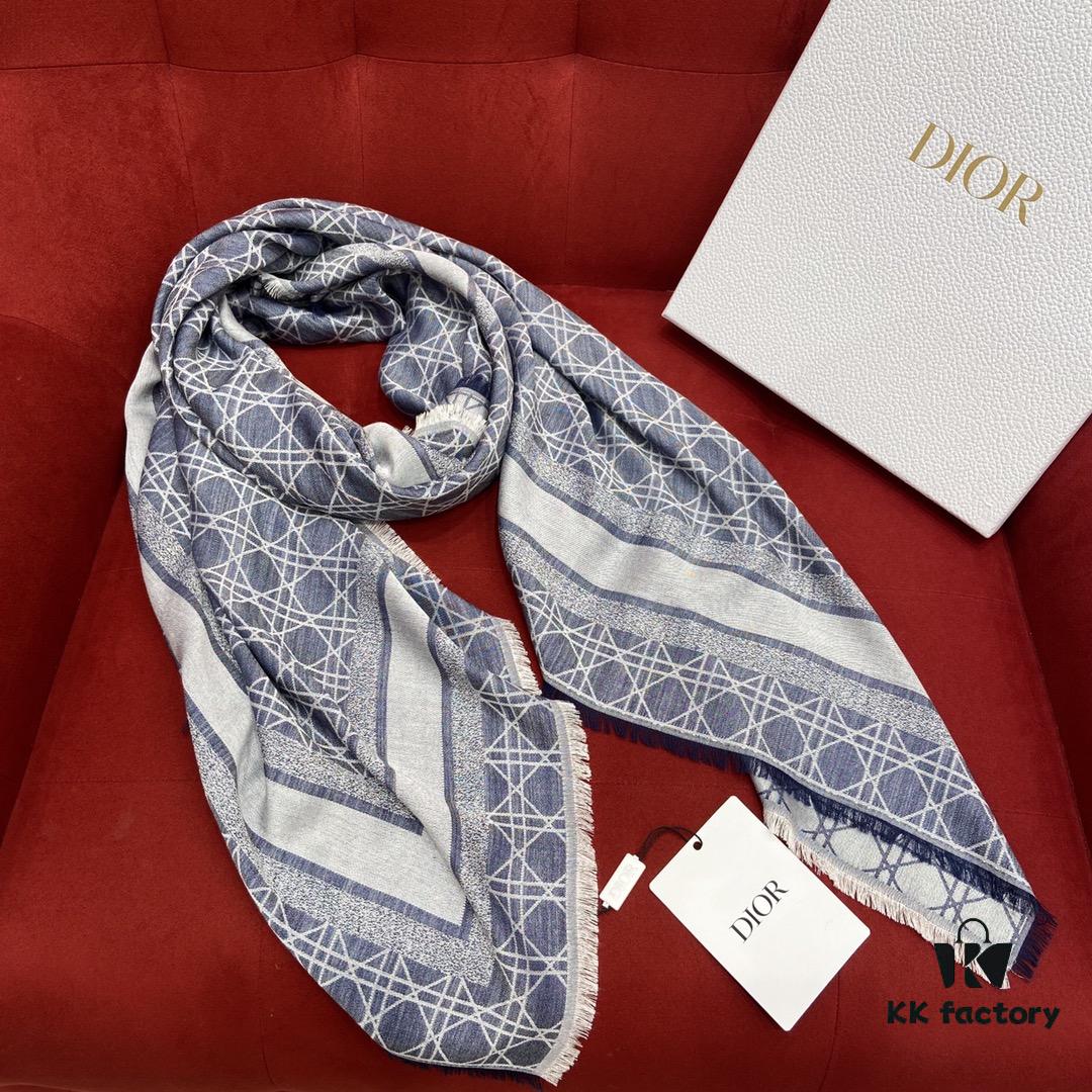 6931a8e6ccd8ab3d7af9d4c4 Dior Denim Blue Checkered Shawl - 140*140cm Multifunctional Scarf Made of Wool, Silk, and Cashmere Blend