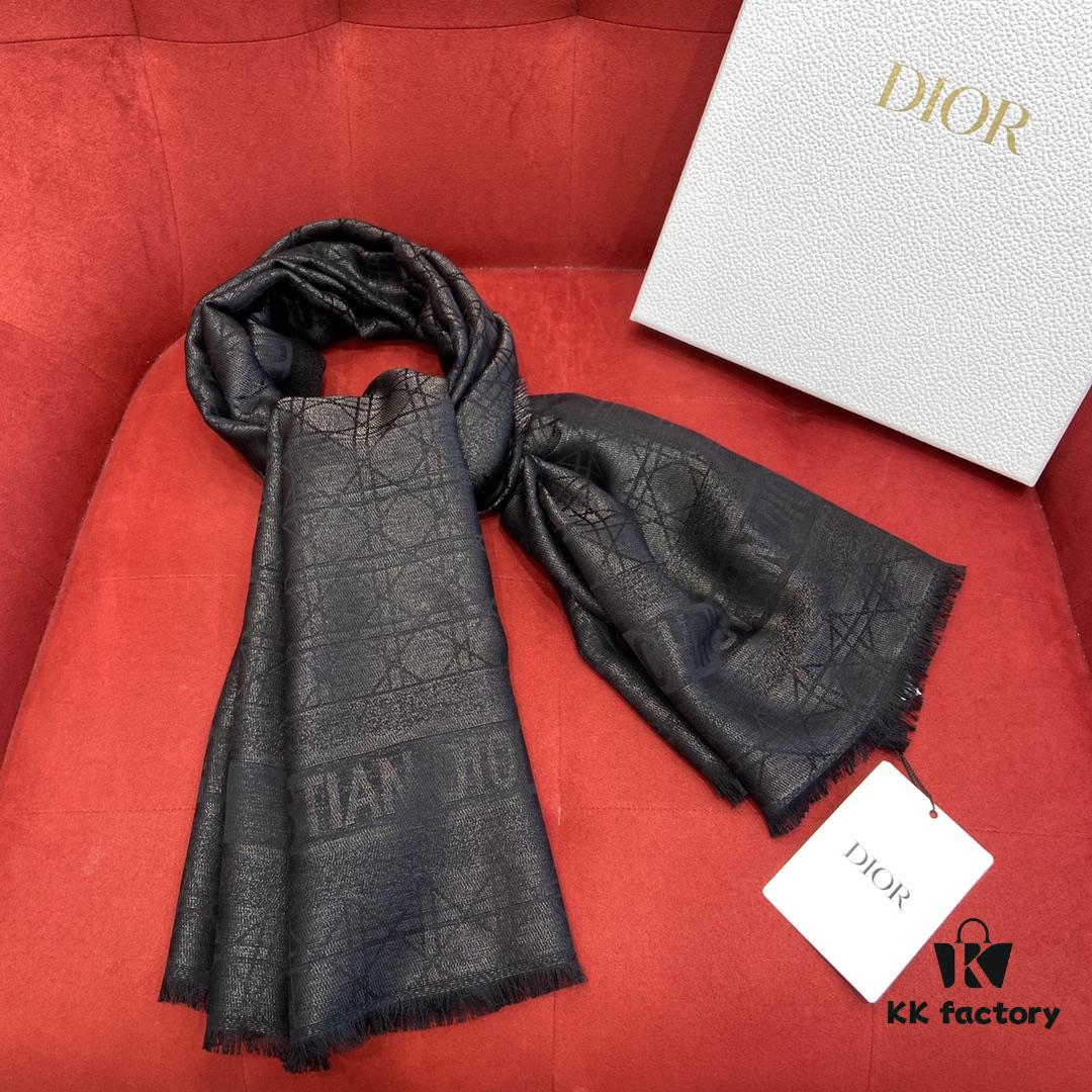 Dior Checkered Pattern Gold Thread Shawl, Black - Silk and Wool-Cashmere Blend, 140cm*140cm