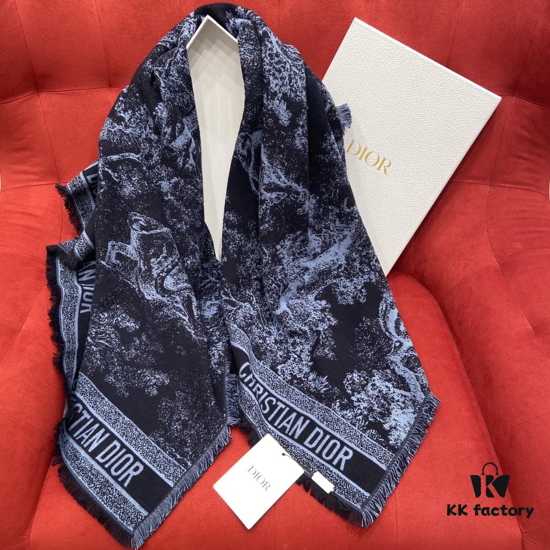 Dior Navy Blue Shawl Reimagines the Iconic Toile de Jouy Pattern with a Faded Effect