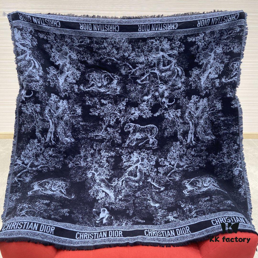 Dior Navy Blue Shawl Reimagines the Iconic Toile de Jouy Pattern with a Faded Effect