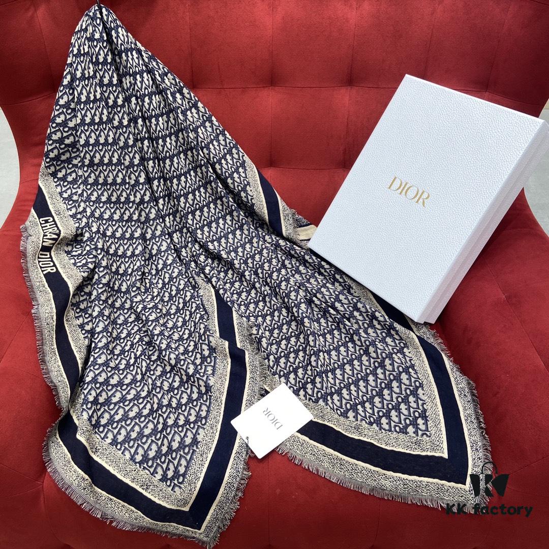 6931a8efccd8ab3d7af9d55a Dior Luxury Shawl with Logo Pattern and Fringe, 42% Wool 42% Silk Blend, 140x140cm