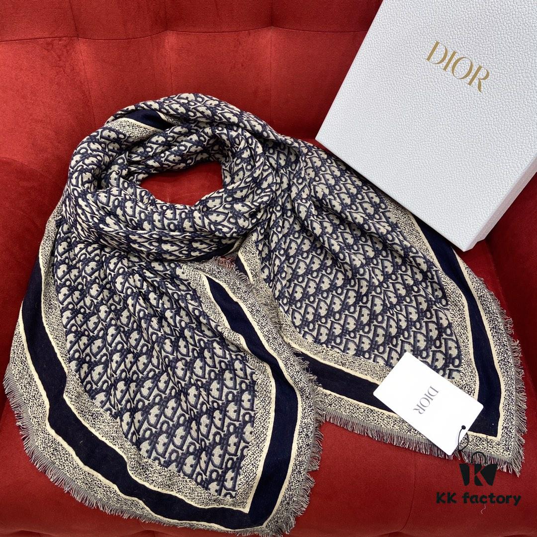 6931a8efccd8ab3d7af9d55c Dior Luxury Shawl with Logo Pattern and Fringe, 42% Wool 42% Silk Blend, 140x140cm