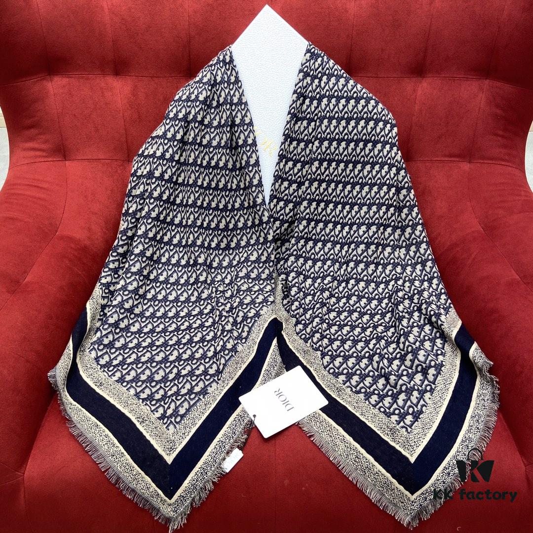 6931a8f0ccd8ab3d7af9d562 Dior Luxury Shawl with Logo Pattern and Fringe, 42% Wool 42% Silk Blend, 140x140cm