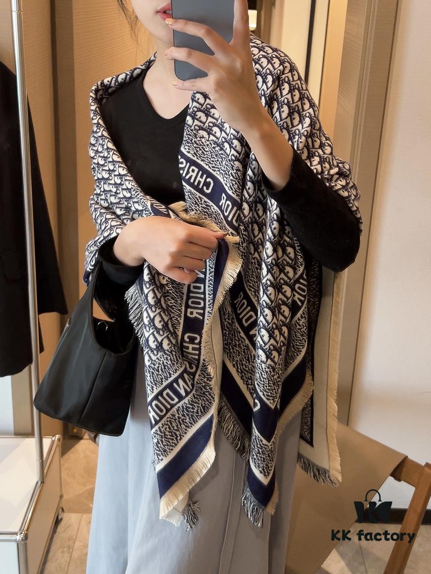 Dior Oblique Print Cashmere Wool Silk Shawl - Denim Blue & Charcoal Grey