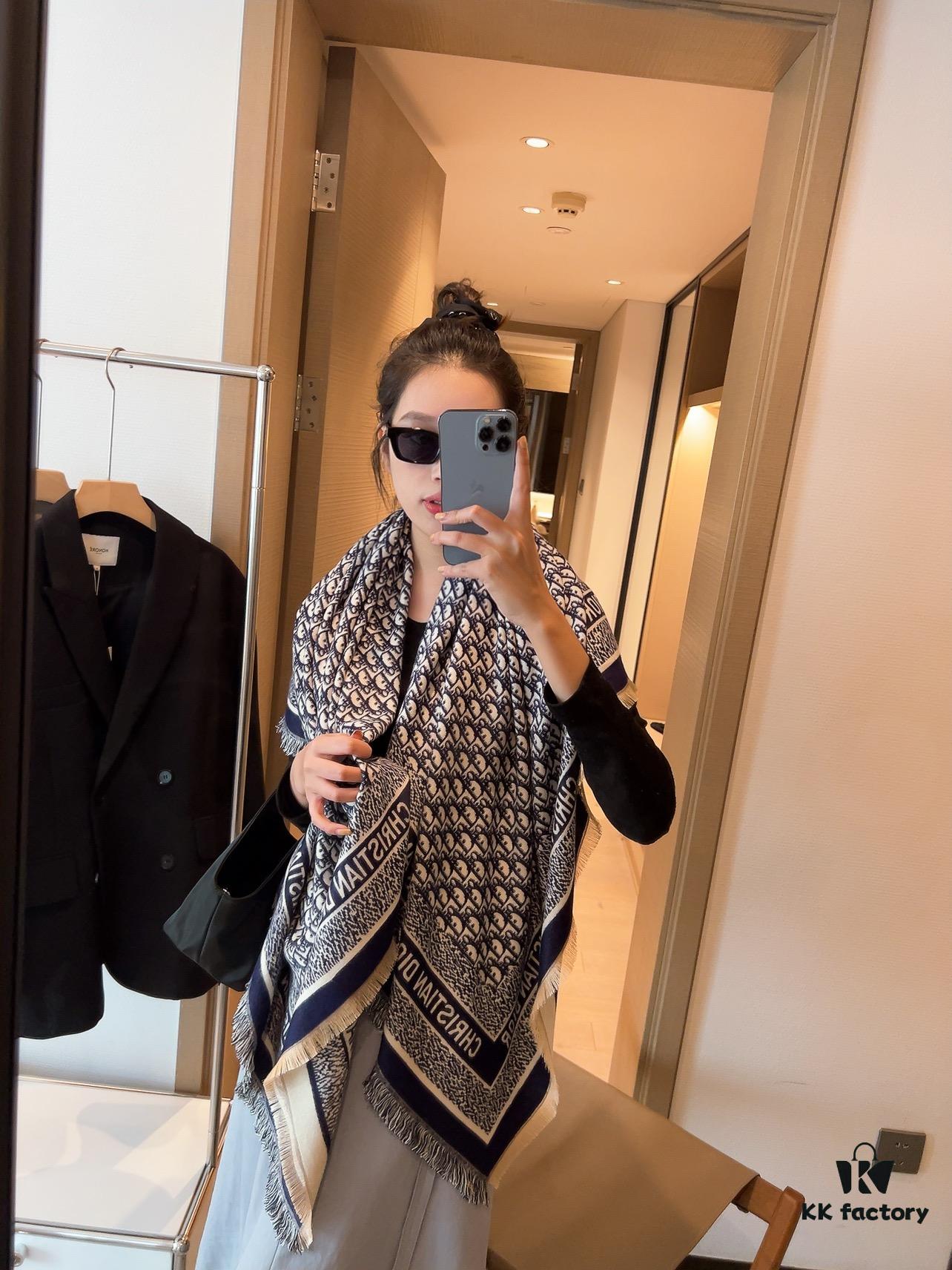 6931a8f4ccd8ab3d7af9d5a3 Dior Oblique Print Cashmere Wool Silk Shawl - Denim Blue & Charcoal Grey