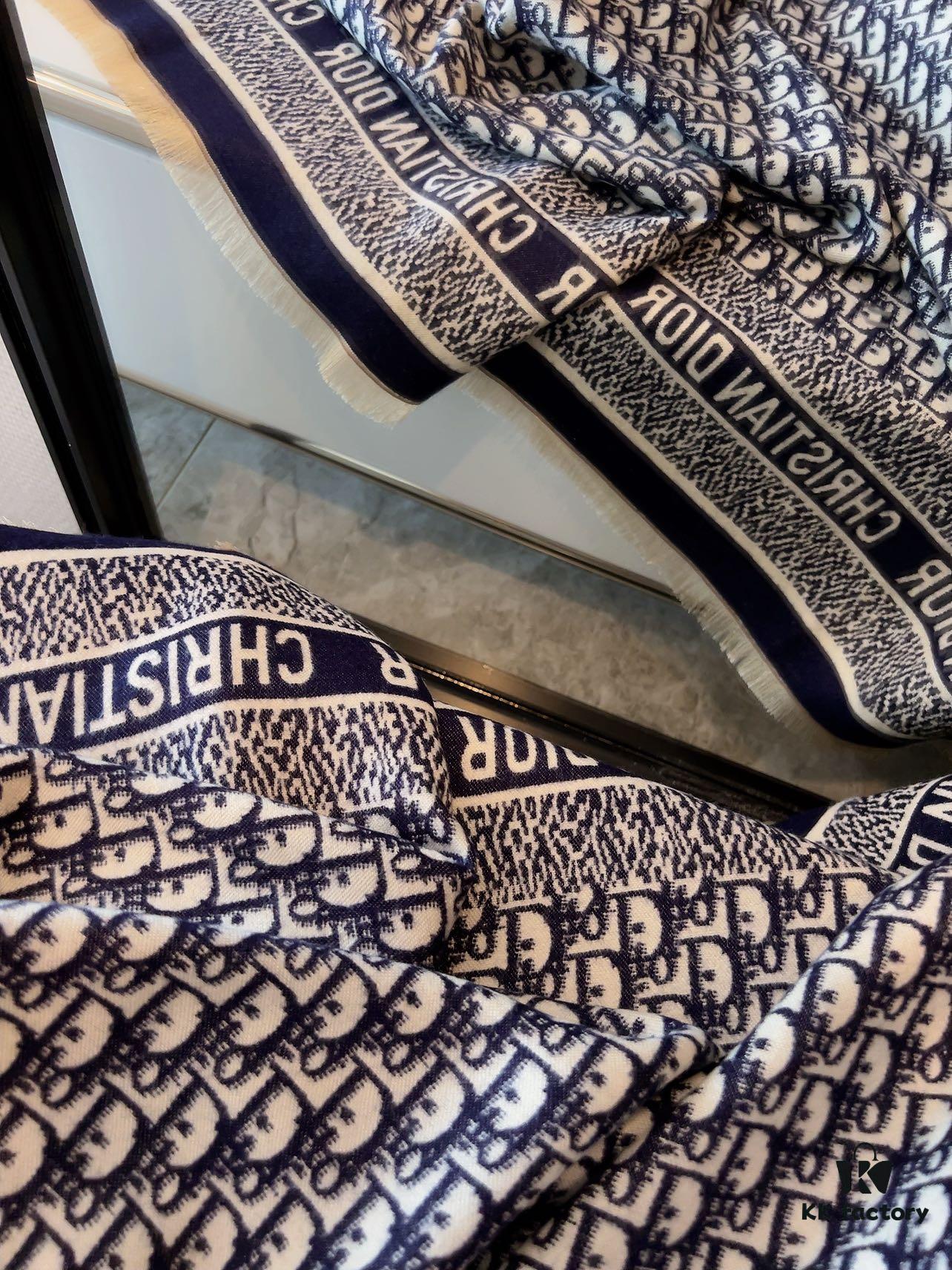 6931a8f4ccd8ab3d7af9d5a4 Dior Oblique Print Cashmere Wool Silk Shawl - Denim Blue & Charcoal Grey