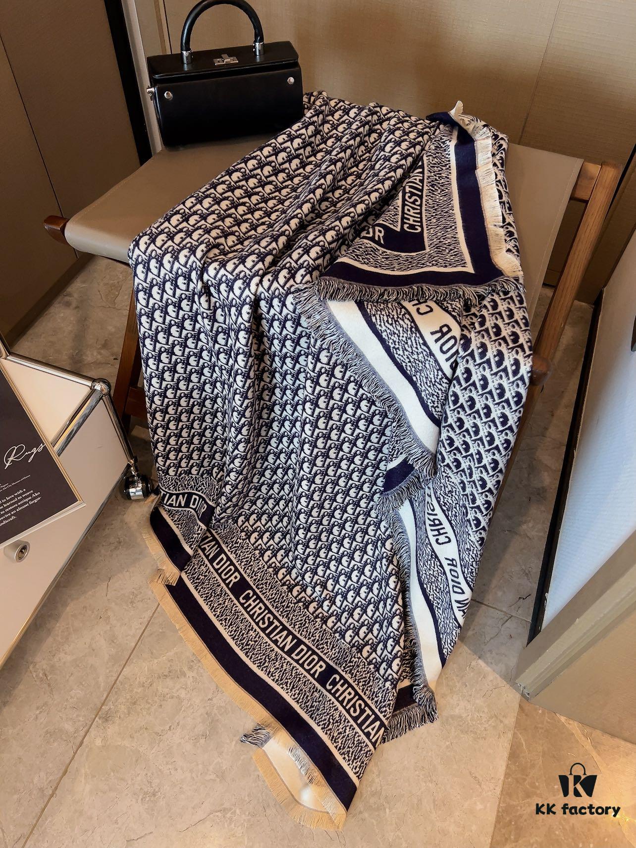 6931a8f4ccd8ab3d7af9d5a5 Dior Oblique Print Cashmere Wool Silk Shawl - Denim Blue & Charcoal Grey