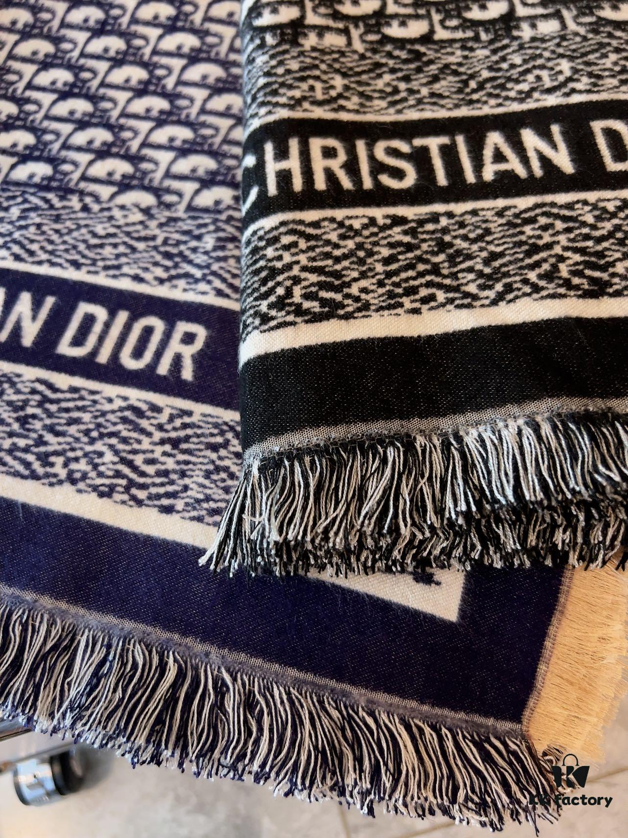 6931a8f4ccd8ab3d7af9d5a6 Dior Oblique Print Cashmere Wool Silk Shawl - Denim Blue & Charcoal Grey