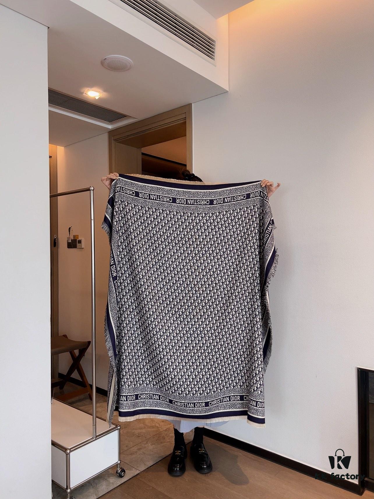 6931a8f4ccd8ab3d7af9d5a7 Dior Oblique Print Cashmere Wool Silk Shawl - Denim Blue & Charcoal Grey