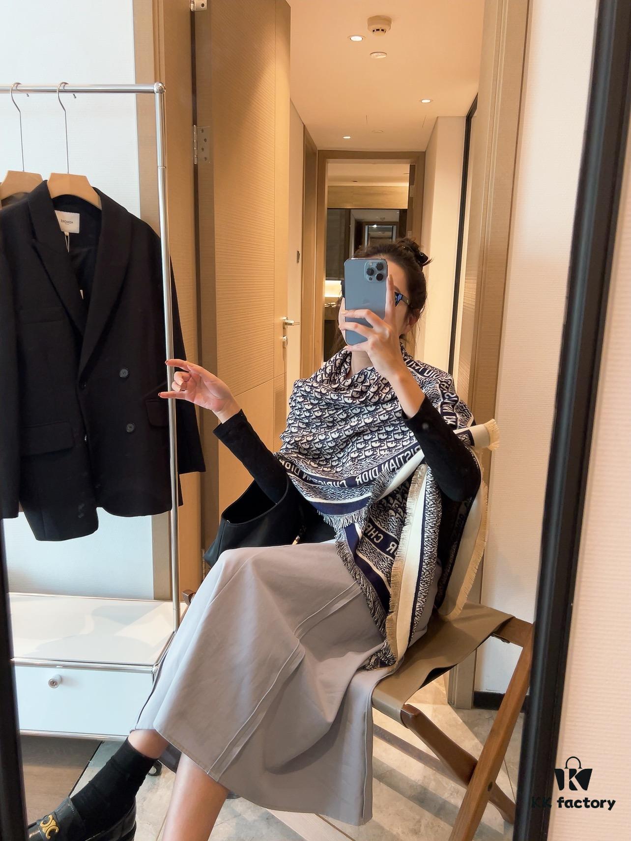 6931a8f4ccd8ab3d7af9d5a8 Dior Oblique Print Cashmere Wool Silk Shawl - Denim Blue & Charcoal Grey
