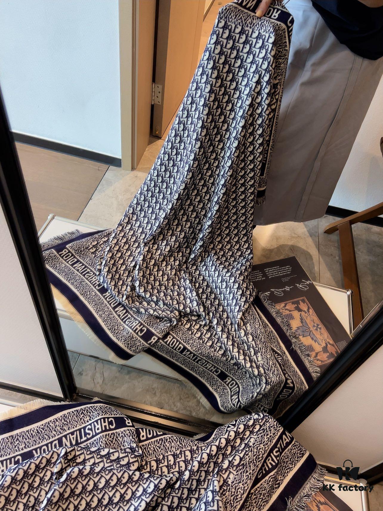 6931a8f4ccd8ab3d7af9d5a9 Dior Oblique Print Cashmere Wool Silk Shawl - Denim Blue & Charcoal Grey