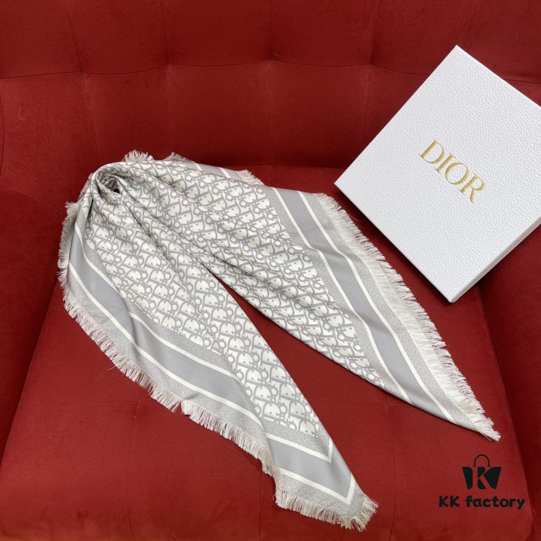 6931a8fcccd8ab3d7af9d62d Gray Dior Classic Monogram Shawl with Small Fringe Detail, Timeless and Versatile Square Scarf, 100% Twill Silk Satin, 90*90cm