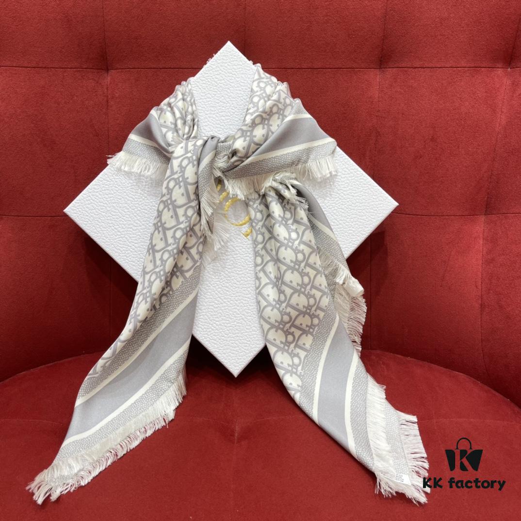 6931a8fcccd8ab3d7af9d62f Gray Dior Classic Monogram Shawl with Small Fringe Detail, Timeless and Versatile Square Scarf, 100% Twill Silk Satin, 90*90cm