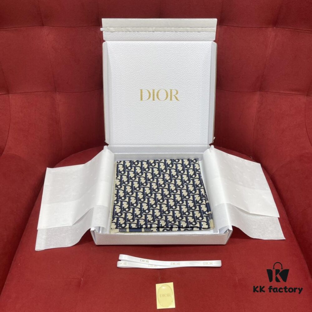 Blue Dior Classic Signature Scarf with Small Fringe Accents, Timeless and Versatile Square Shawl, 100% Twill Silk Satin, 90*90cm
