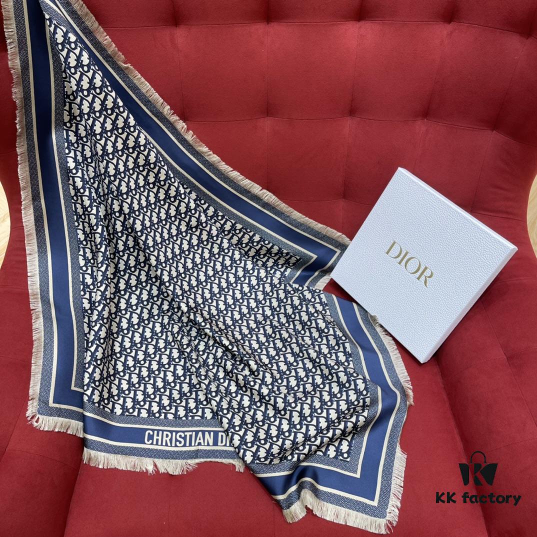 6931a8fdccd8ab3d7af9d631 Blue Dior Classic Signature Scarf with Small Fringe Accents, Timeless and Versatile Square Shawl, 100% Twill Silk Satin, 90*90cm