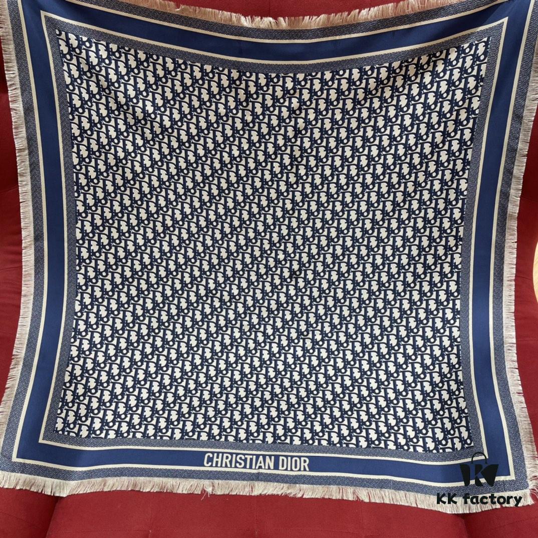 6931a8fdccd8ab3d7af9d632 Blue Dior Classic Signature Scarf with Small Fringe Accents, Timeless and Versatile Square Shawl, 100% Twill Silk Satin, 90*90cm