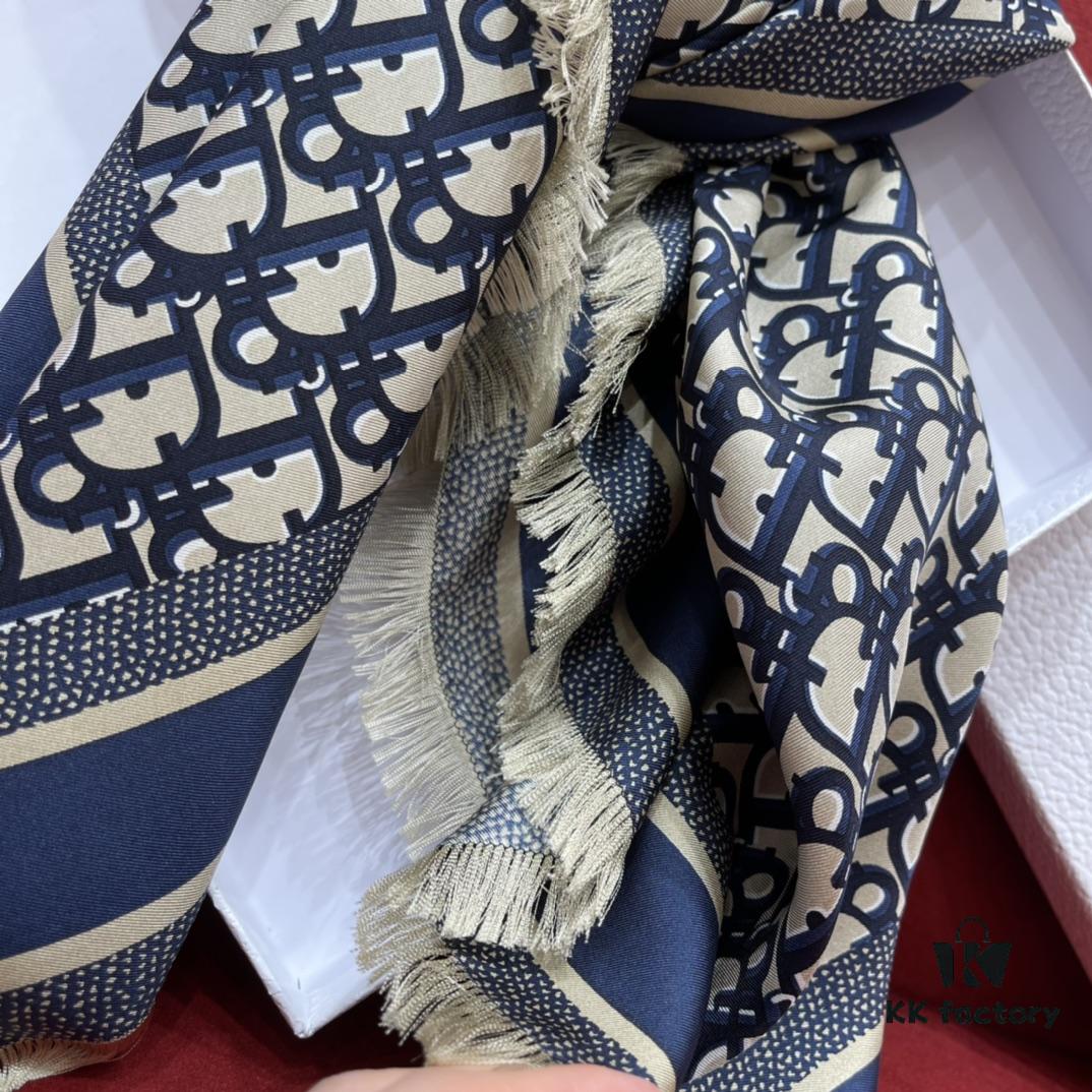 6931a8fdccd8ab3d7af9d635 Blue Dior Classic Signature Scarf with Small Fringe Accents, Timeless and Versatile Square Shawl, 100% Twill Silk Satin, 90*90cm