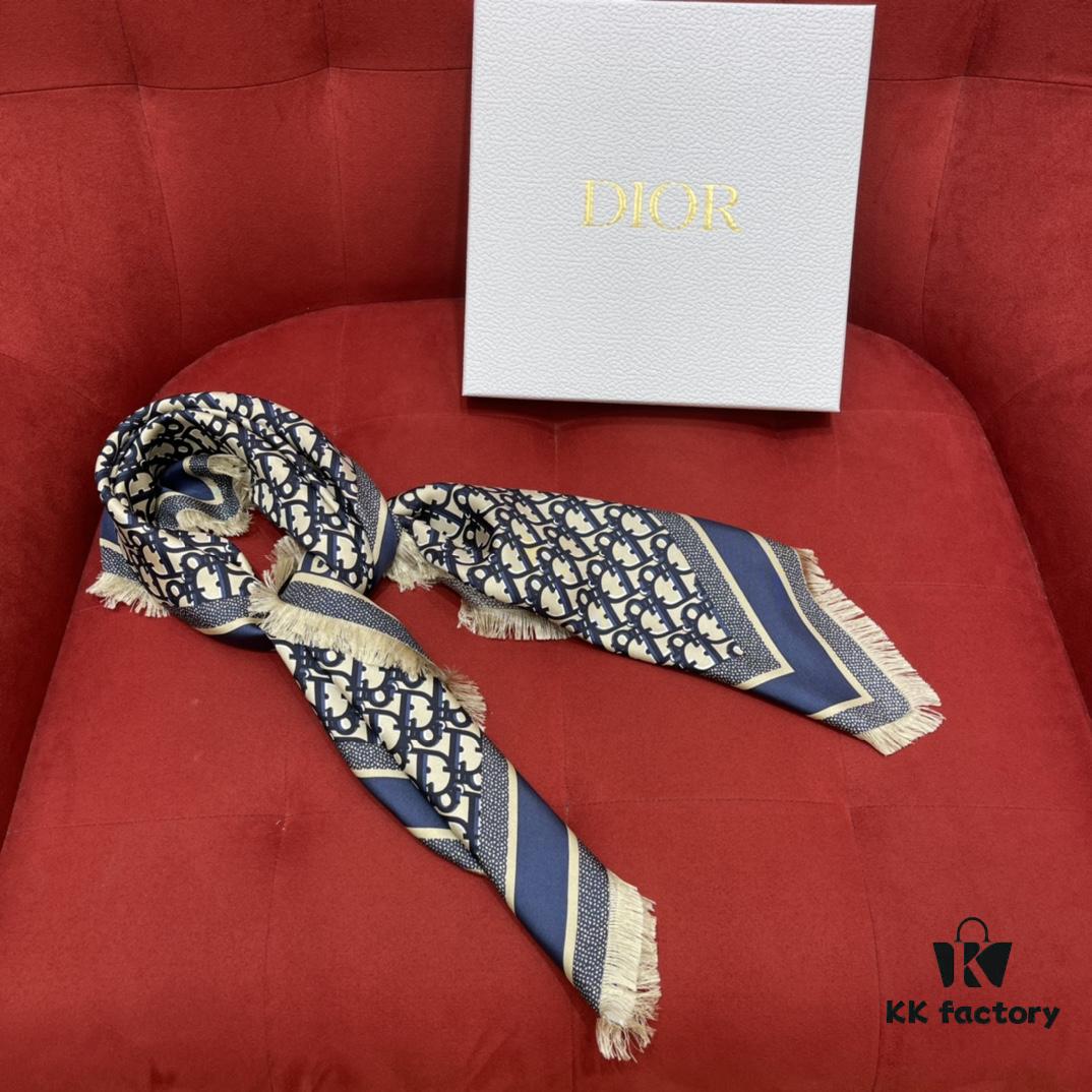 6931a8fdccd8ab3d7af9d637 Blue Dior Classic Signature Scarf with Small Fringe Accents, Timeless and Versatile Square Shawl, 100% Twill Silk Satin, 90*90cm