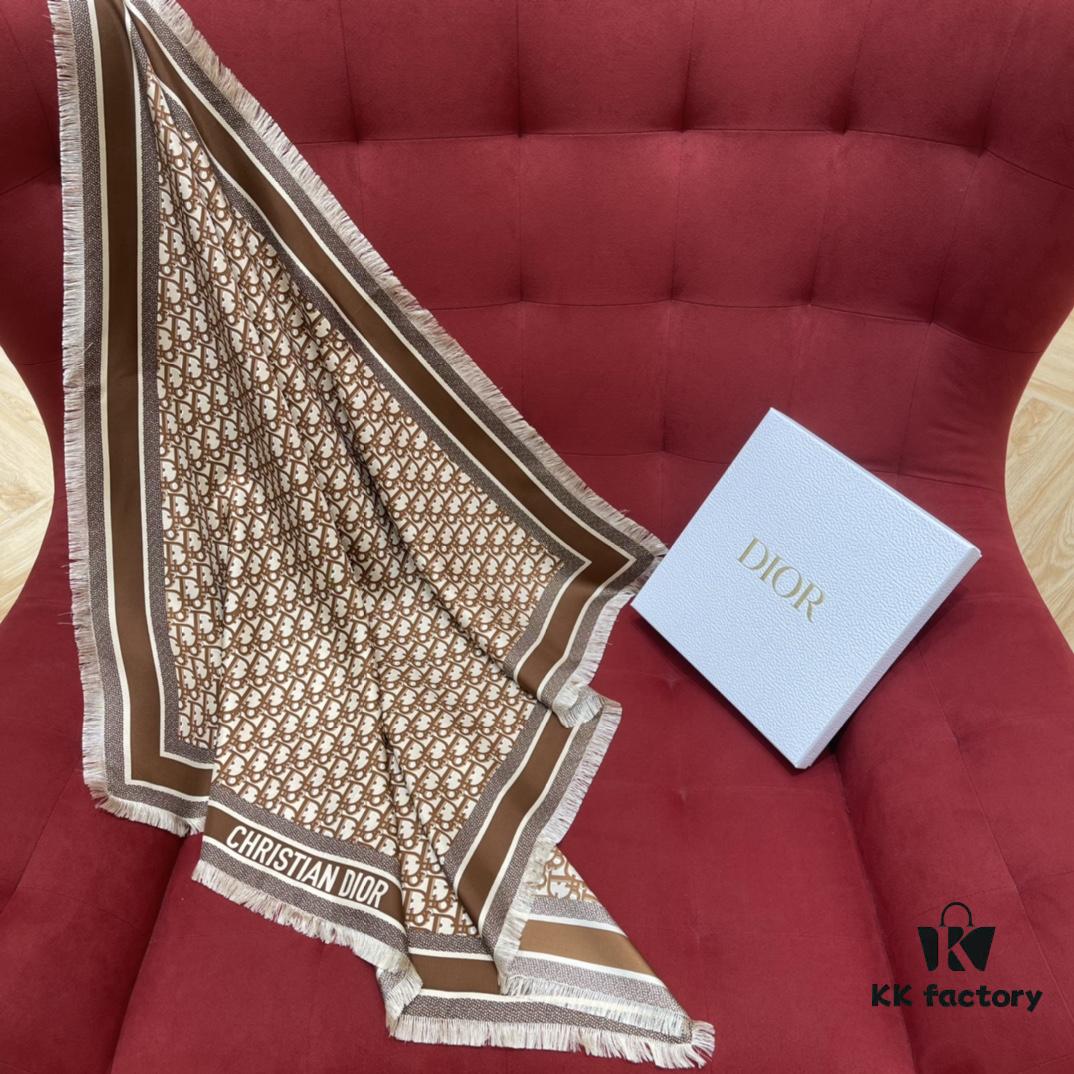 6931a8fdccd8ab3d7af9d63a Brown Dior Classic Signature Monogram Shawl with Small Tassels, Timeless and Versatile Square Scarf, 100% Twill Silk Satin, 90*90 cm