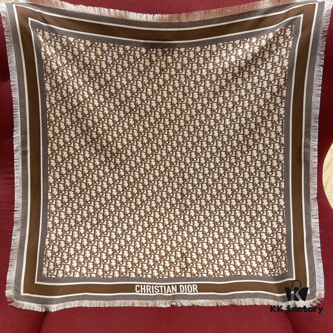 6931a8fdccd8ab3d7af9d63b Brown Dior Classic Signature Monogram Shawl with Small Tassels, Timeless and Versatile Square Scarf, 100% Twill Silk Satin, 90*90 cm