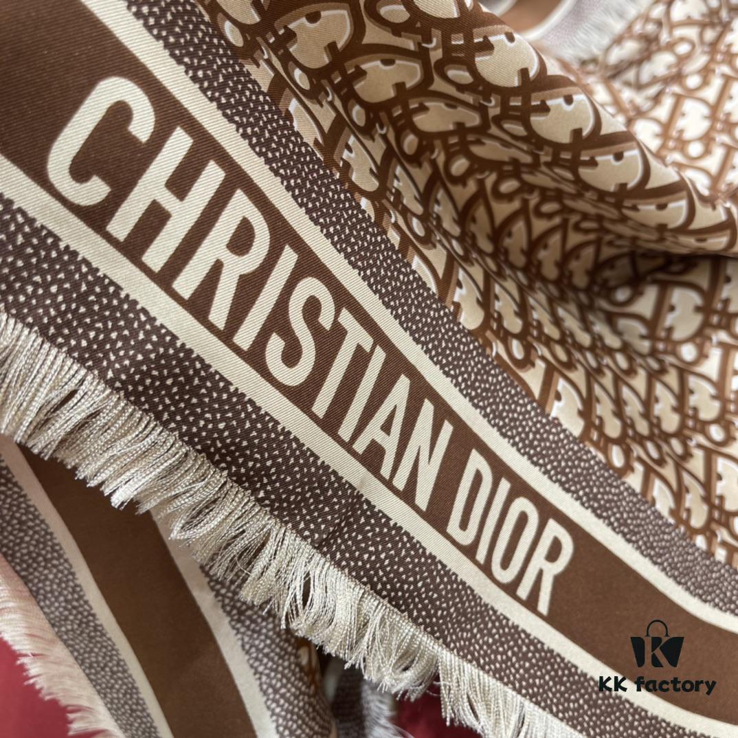 6931a8fdccd8ab3d7af9d63c Brown Dior Classic Signature Monogram Shawl with Small Tassels, Timeless and Versatile Square Scarf, 100% Twill Silk Satin, 90*90 cm