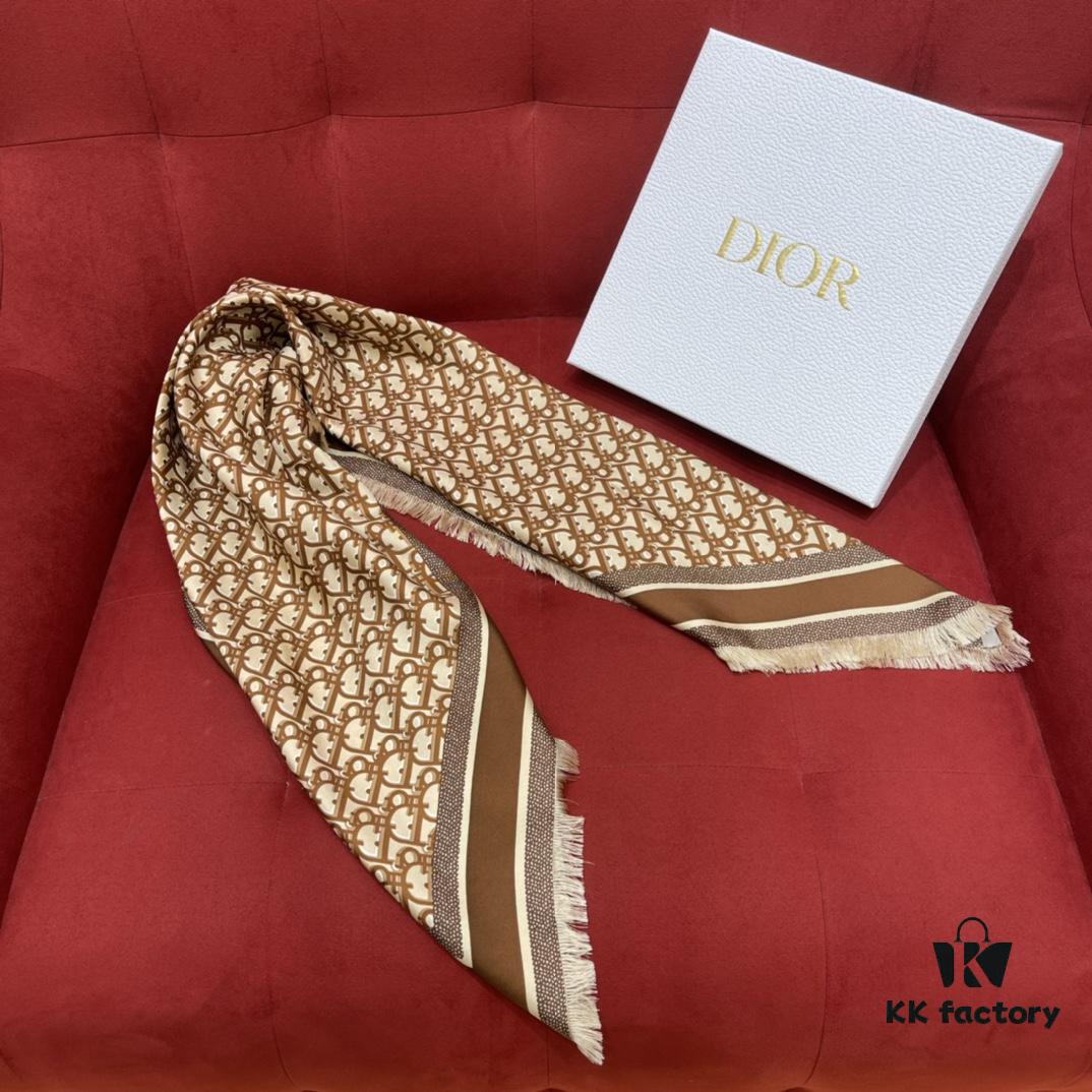6931a8fdccd8ab3d7af9d63f Brown Dior Classic Signature Monogram Shawl with Small Tassels, Timeless and Versatile Square Scarf, 100% Twill Silk Satin, 90*90 cm