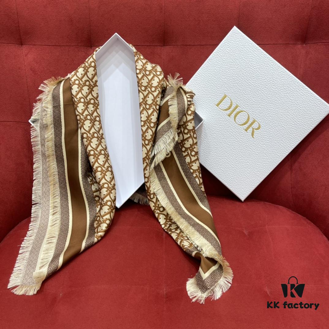 6931a8fdccd8ab3d7af9d640 Brown Dior Classic Signature Monogram Shawl with Small Tassels, Timeless and Versatile Square Scarf, 100% Twill Silk Satin, 90*90 cm