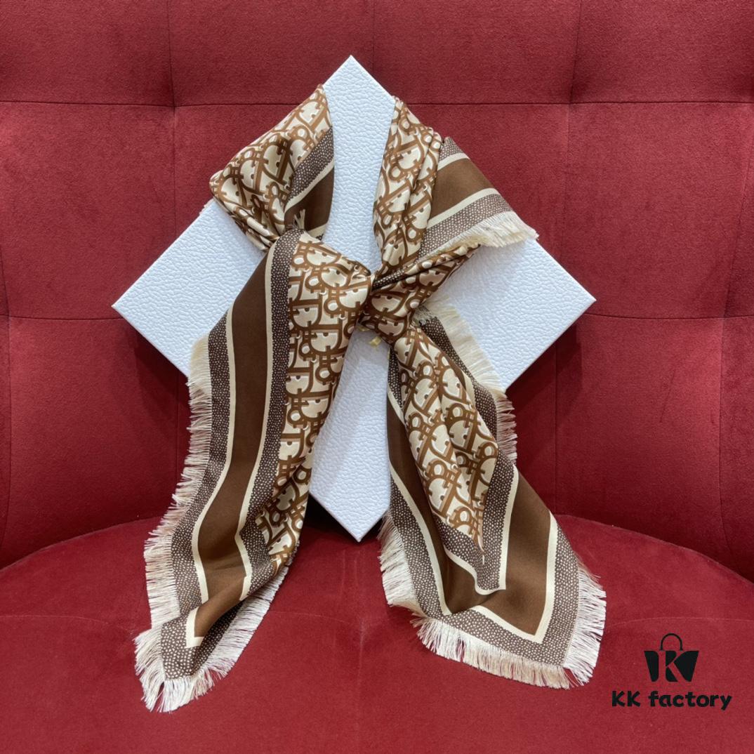 6931a8feccd8ab3d7af9d641 Brown Dior Classic Signature Monogram Shawl with Small Tassels, Timeless and Versatile Square Scarf, 100% Twill Silk Satin, 90*90 cm