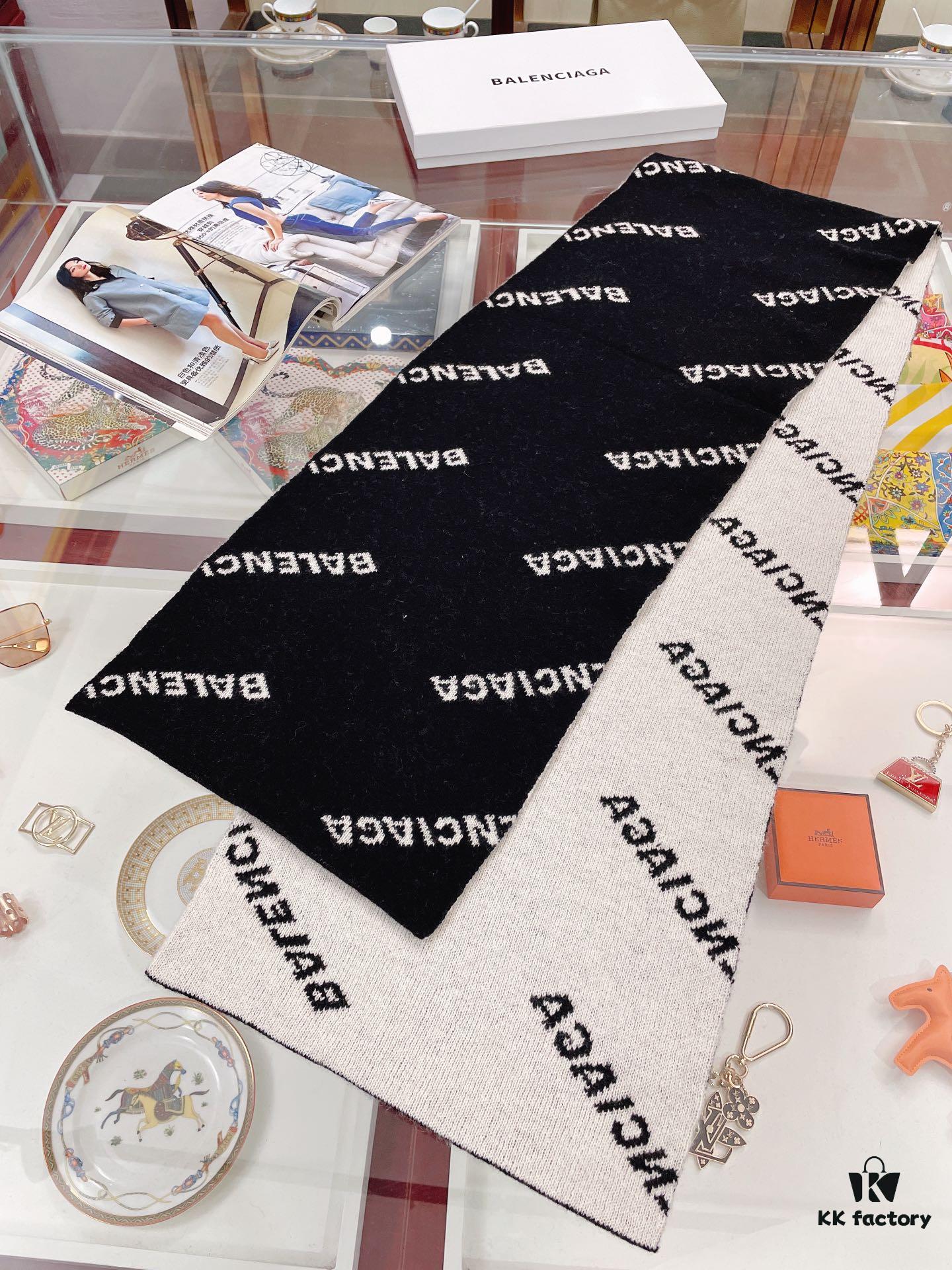 6931a913ccd8ab3d7af9d7a4 Authentic Balenciaga OEM Cashmere Knit Scarf, Black and White Reversible Double-Sided Jacquard Design, 185*38 cm