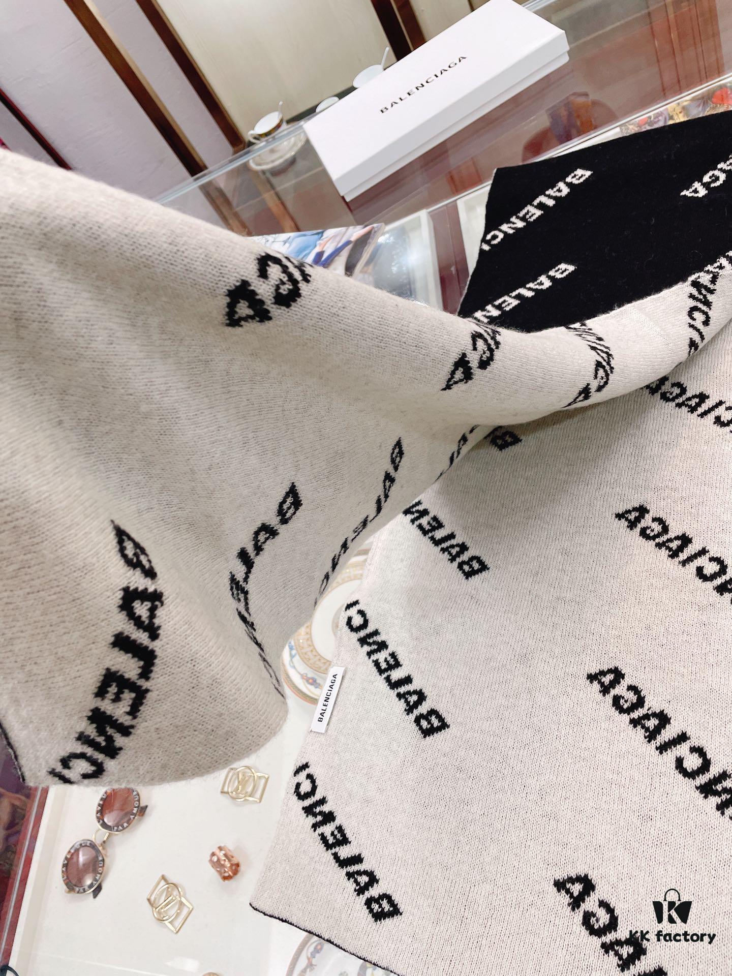 6931a914ccd8ab3d7af9d7a5 Authentic Balenciaga OEM Cashmere Knit Scarf, Black and White Reversible Double-Sided Jacquard Design, 185*38 cm