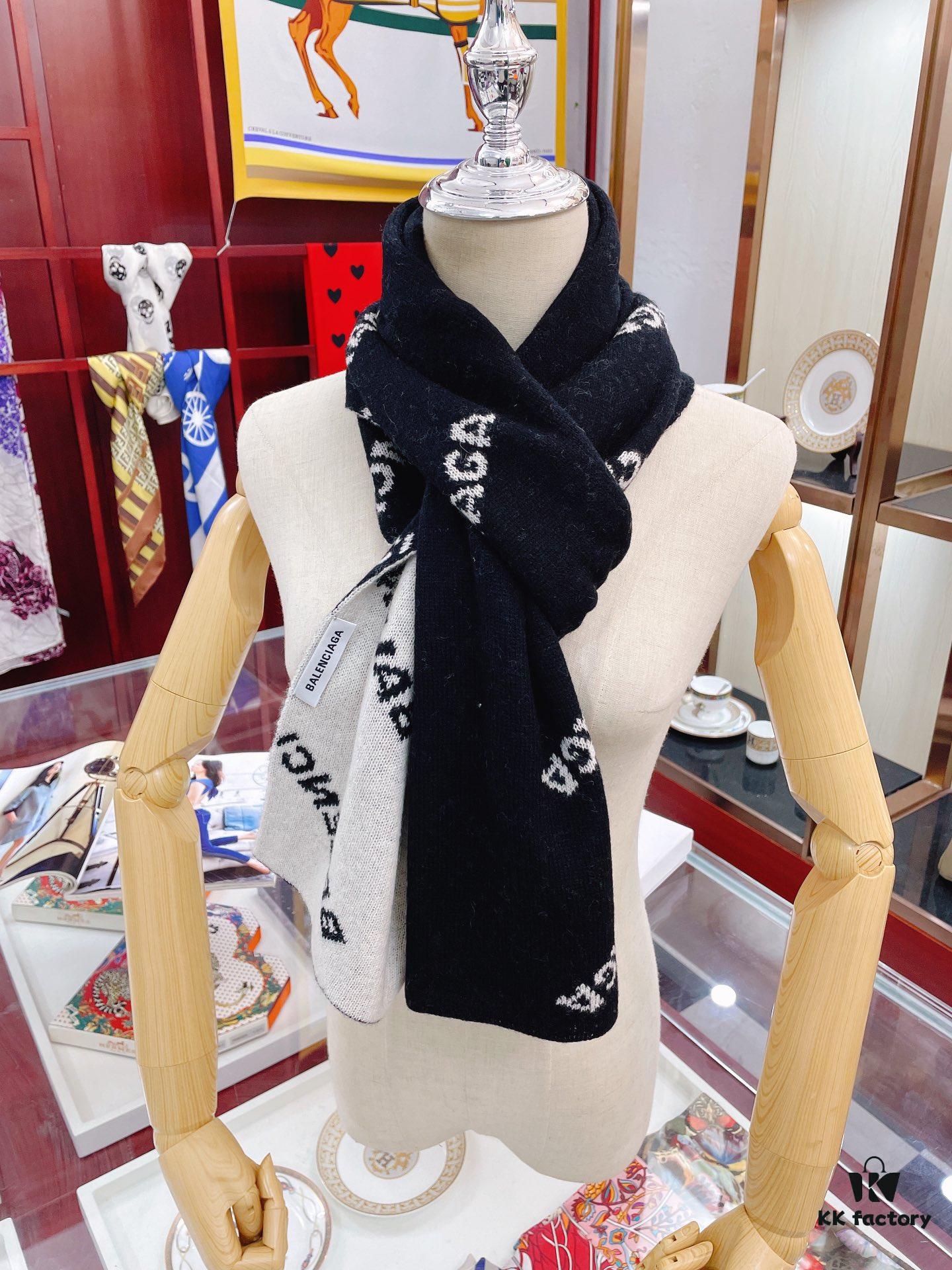 6931a914ccd8ab3d7af9d7a7 Authentic Balenciaga OEM Cashmere Knit Scarf, Black and White Reversible Double-Sided Jacquard Design, 185*38 cm