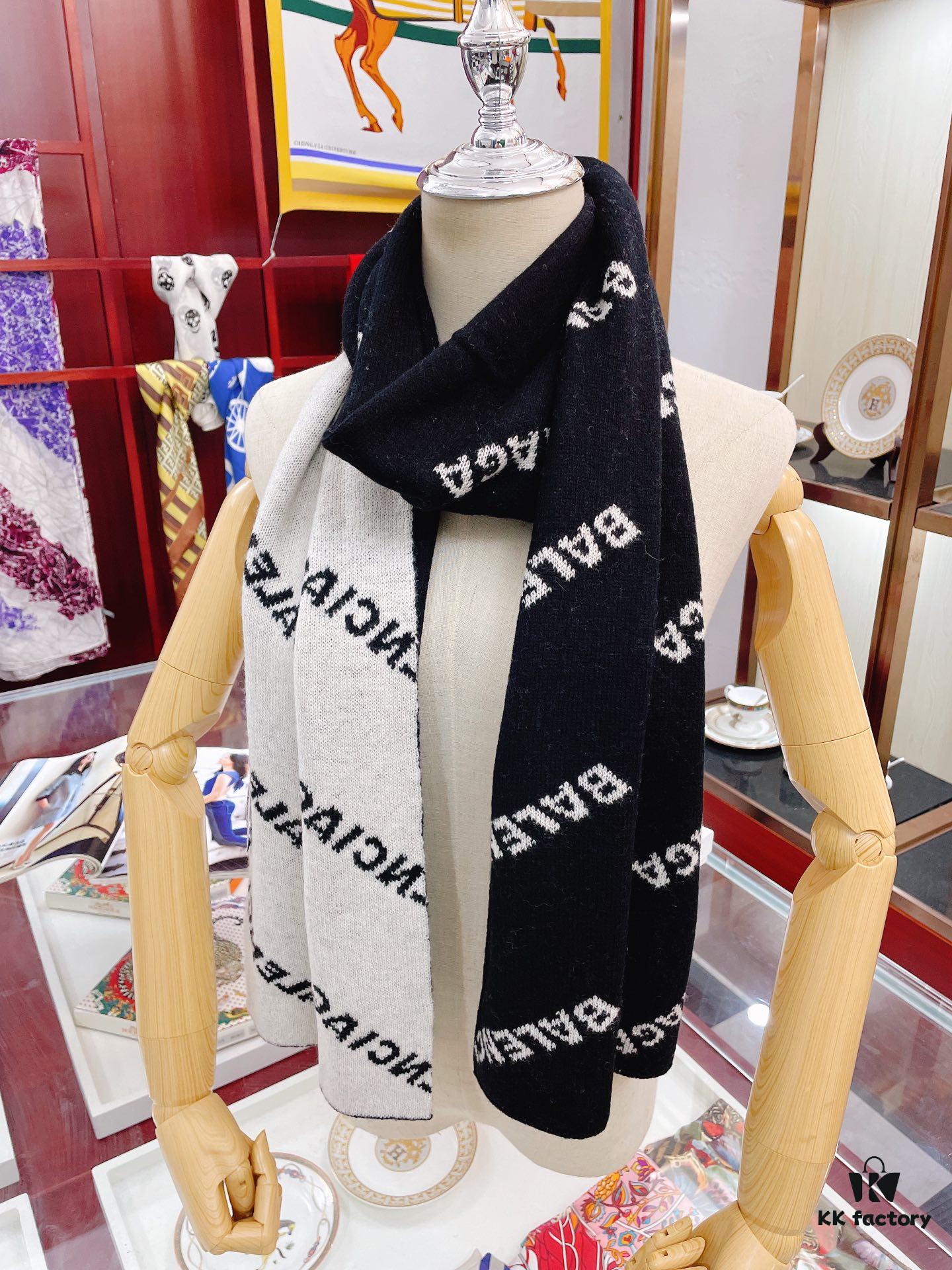 6931a914ccd8ab3d7af9d7a8 Authentic Balenciaga OEM Cashmere Knit Scarf, Black and White Reversible Double-Sided Jacquard Design, 185*38 cm